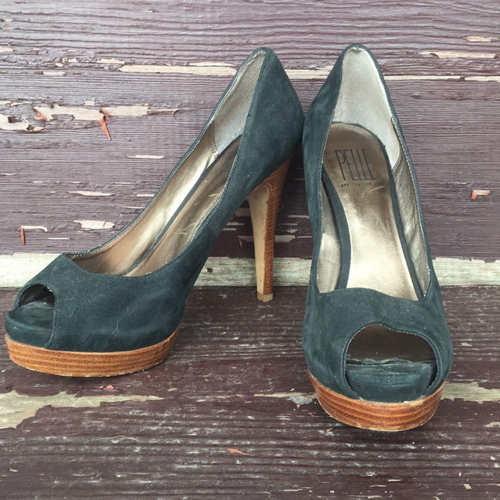 Peep toe sueded black upper and faux wooden heel